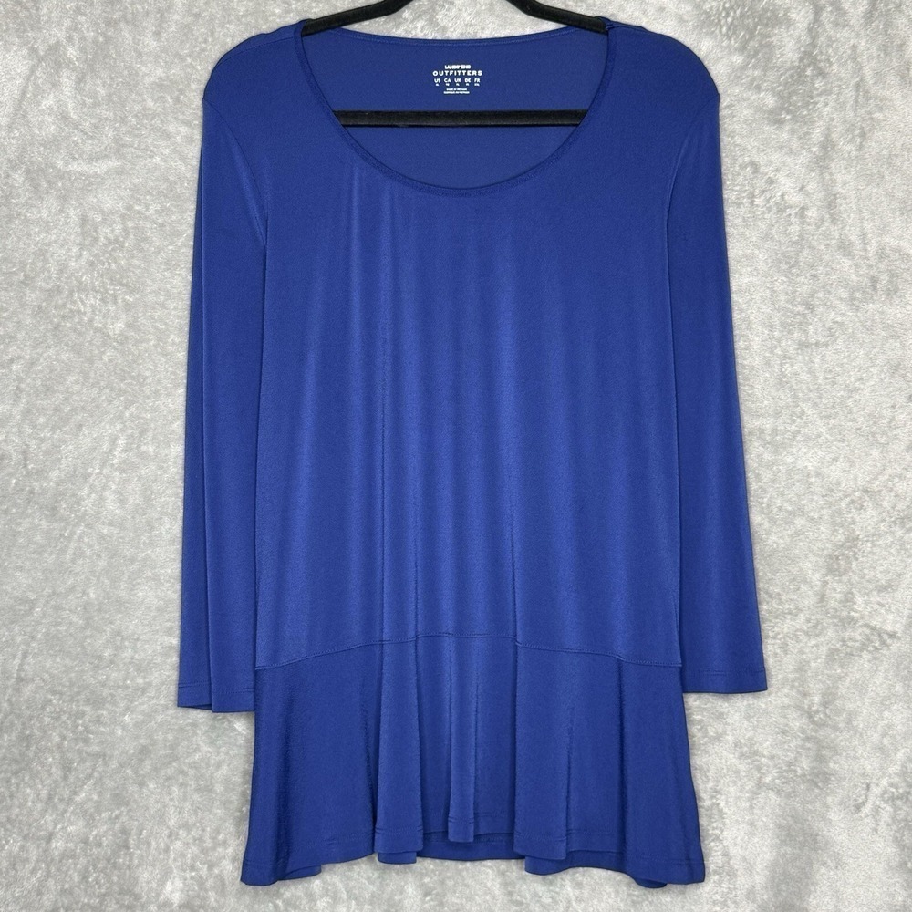 Lands End XL Top Shirt Blue Solid Scoop Neck‎ 3/4 Sleeve Peplum Stretch Womens